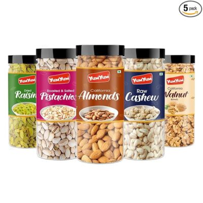 YUM YUM Dry fruits combo 150g Each Pack of 5 Badam, Kaju, Pista, Kishmish & Akhrot 750g - Almonds, Cashews, Pistachios, Raisins, Walnuts